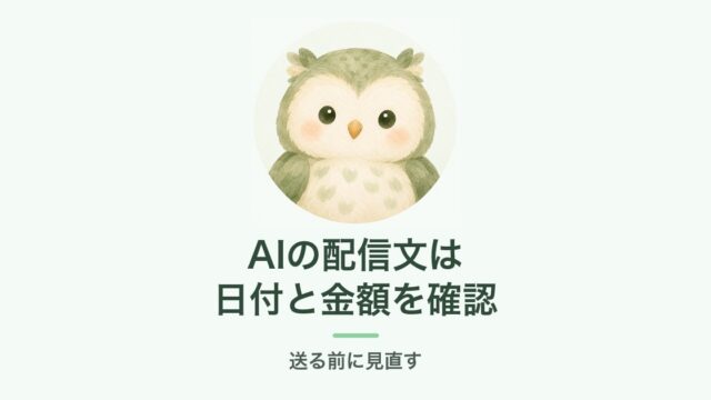 AIの配信文は日付と金額を確認するイメージ（ふくろう）